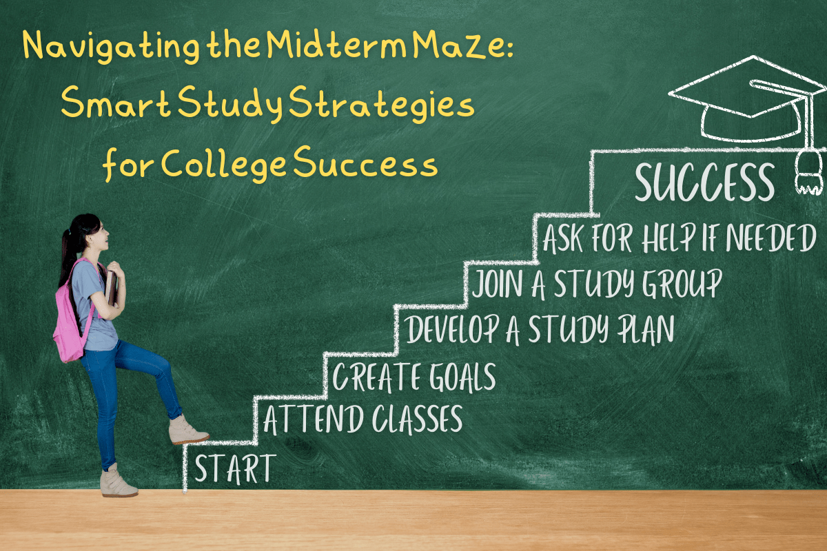 college student climbing the stairs to success: start, attend classes, create goals, develop a study plan, join a study group, ask for help if needed, success